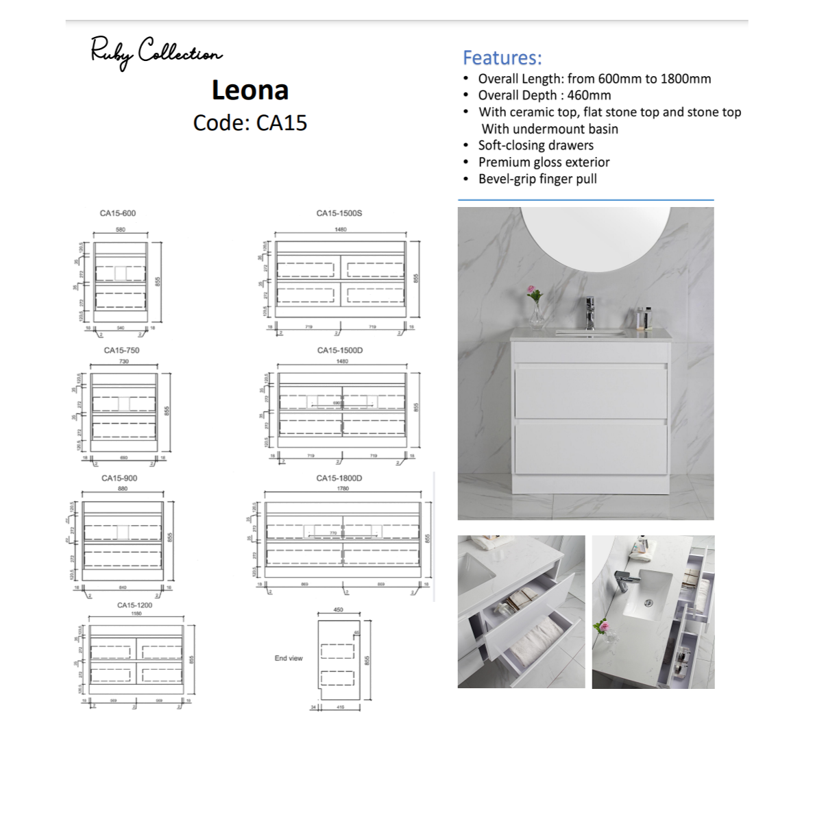 LEONA Freestanding Gloss White Vanity Available in All Sizes