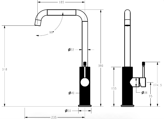 Matte Gun Metal Square Neck Linie Sink Mixer with Stylish Design