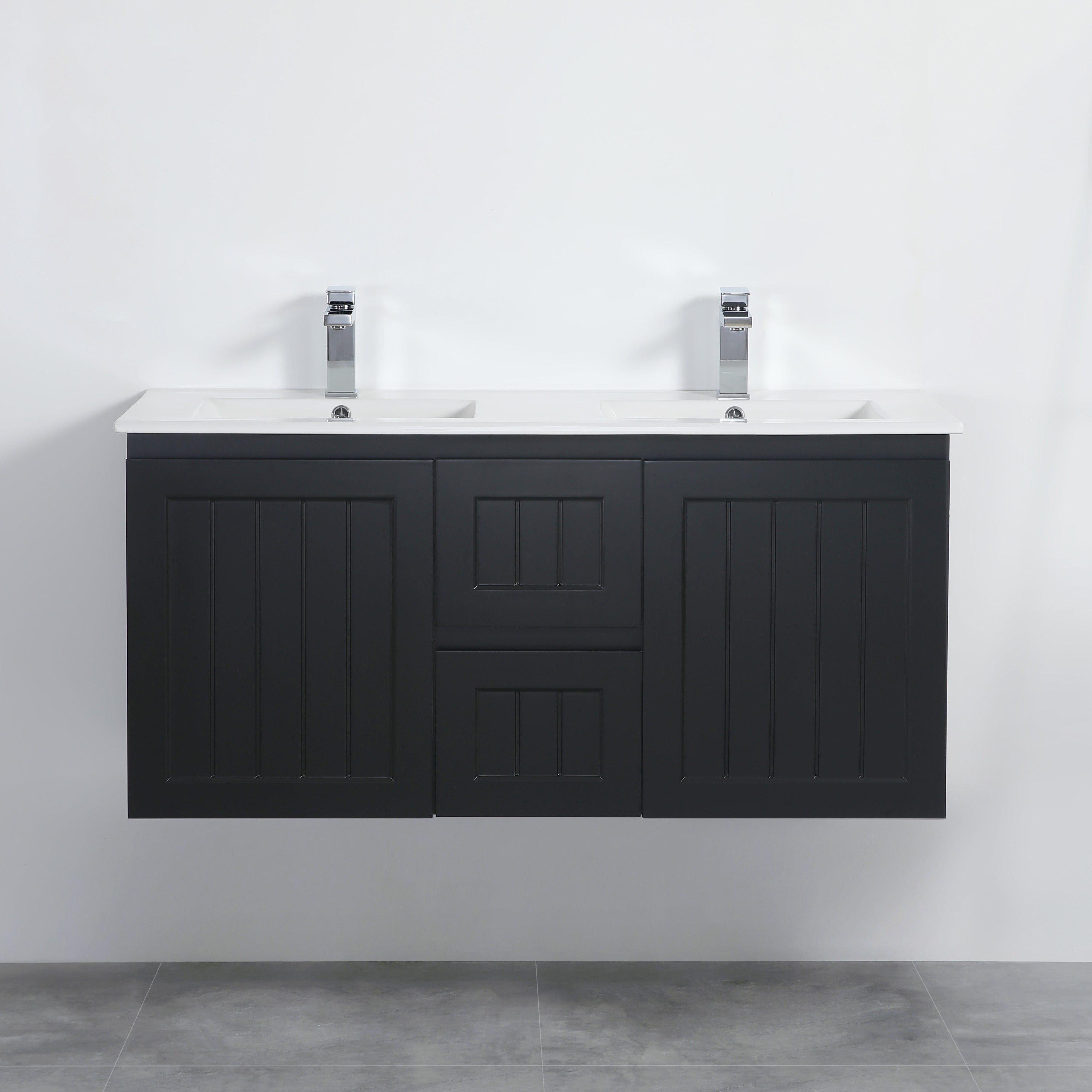 ACACIA Shaker Wall-Hung PVC Vanity - Double Bowl, 1200mm in Matte Black (On Sale!)