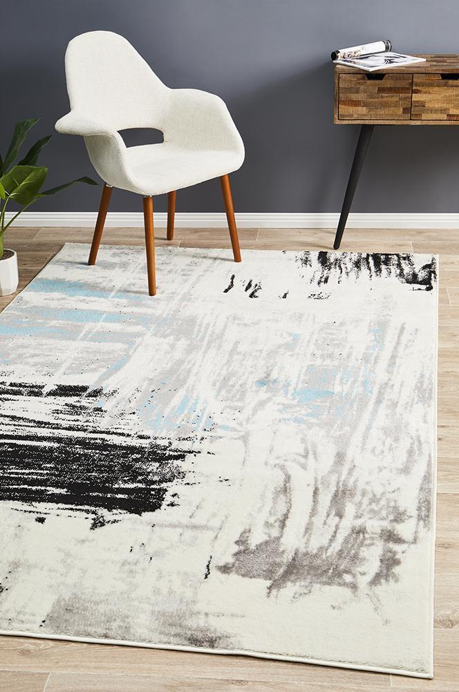 Blue, White, Black, Grey Lydia Abstract Power-Loomed Polypropylene Rug