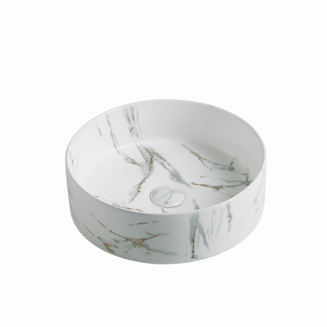 Matte White Carrara Marble Round Basin with French Fluted Design (352x352x112)