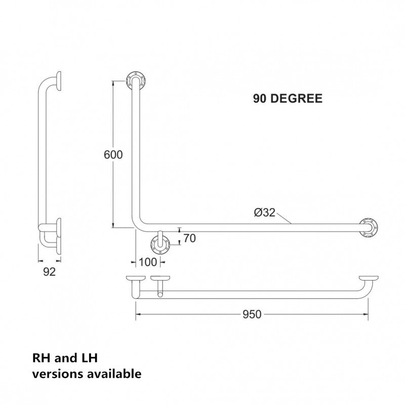 950x600mm 32mm Diameter 90 Degrees Left-Hand Satin Finish Stainless Steel Grab Rail