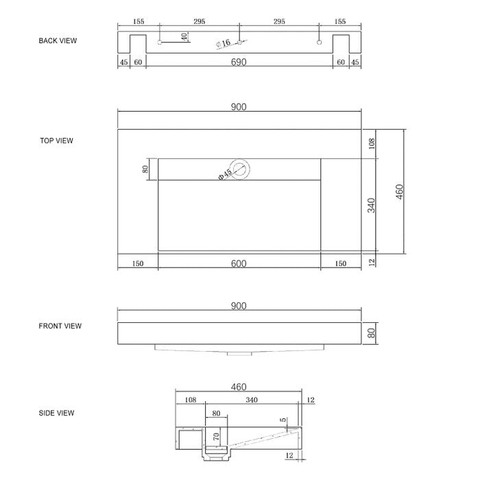 Hot Deal! Moonlight Rectangle Solid Surface Basin with Optional Mixer & Bottle Trap (900x460x80)