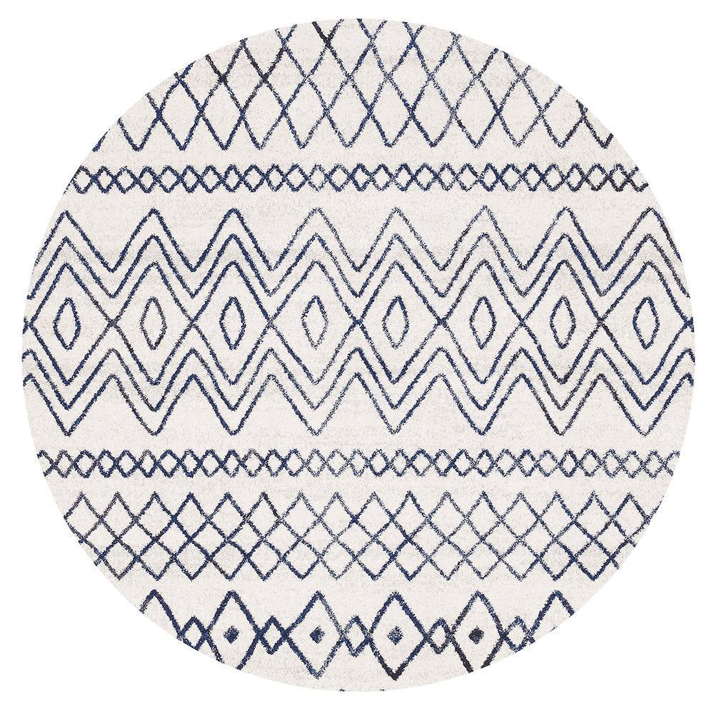 Oasis Nadia Rustic Tribal Round Rug in White and Blue Shades