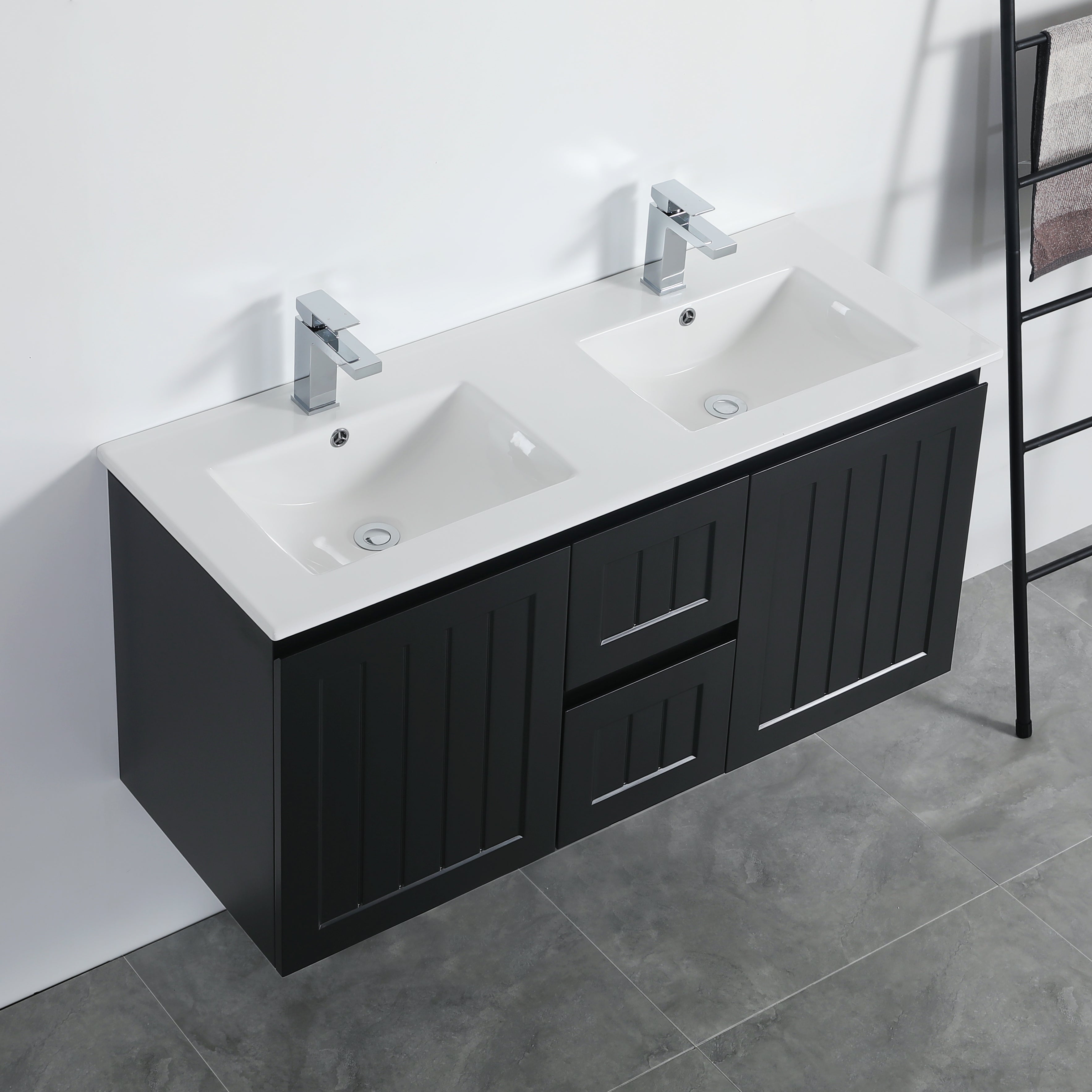 ACACIA Shaker Wall-Hung PVC Vanity - Double Bowl, 1200mm in Matte Black (On Sale!)