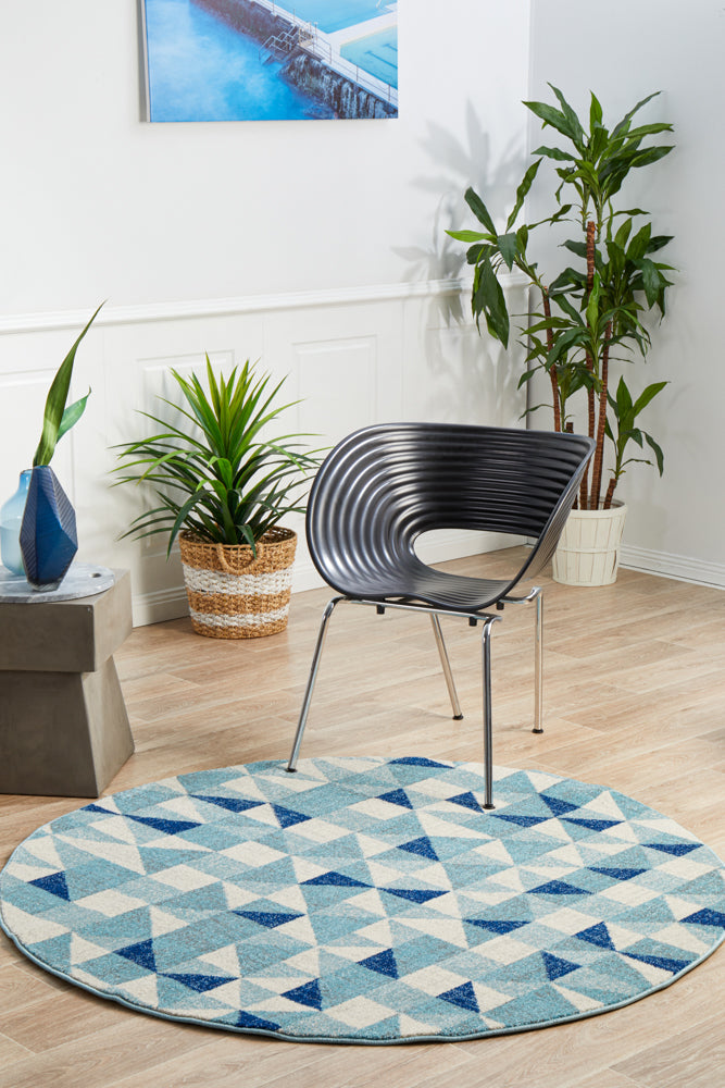 Modern Geo Blue Ivory Round Rug - Mirage Illusion Style, Timeless Design
