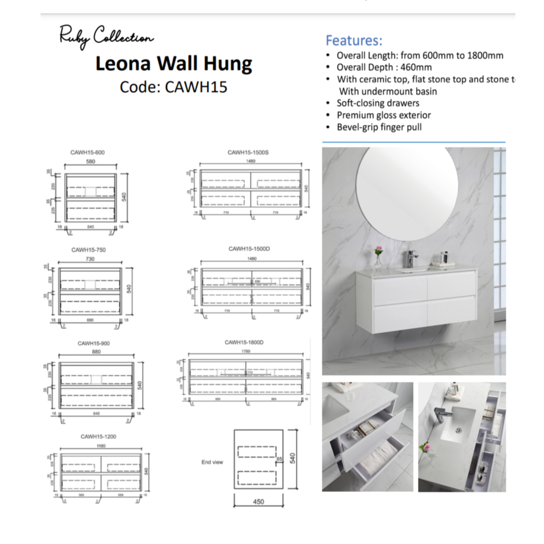 LEONA All - Sizes Wall - Hung Vanity in Stunning Gloss White