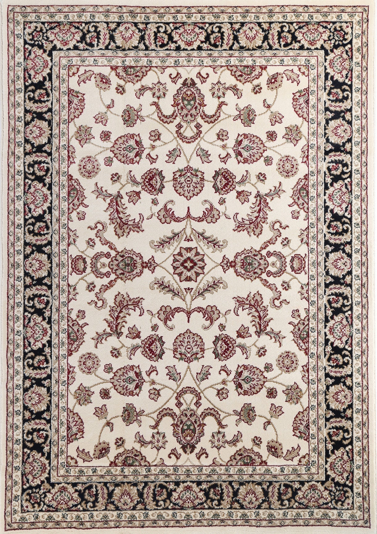 Exquisite Cream and Black Ikat Rug with Traditional Border and Modern Durability