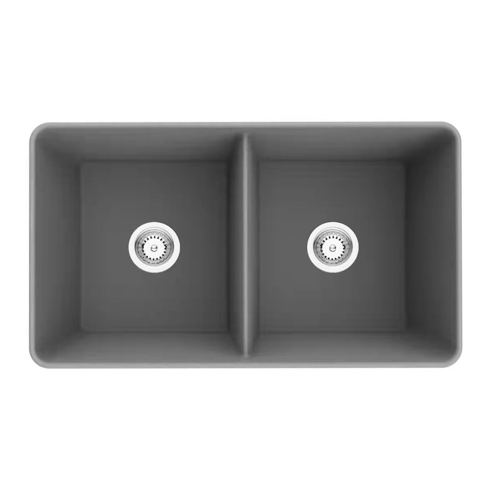 Hot Deal! Matte Black Farmhouse Double Bowl Quartz Kitchen Sink 838x482x262