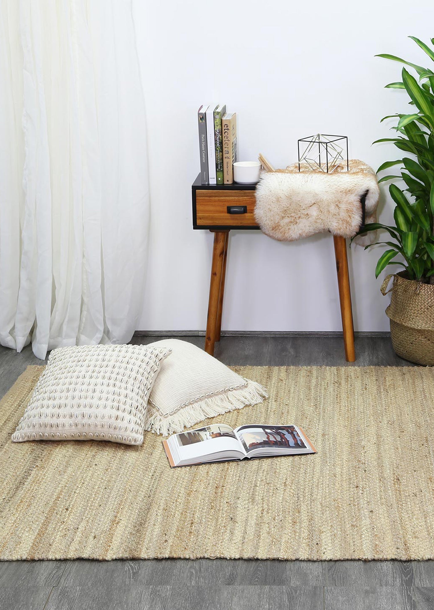 Malmo Beige Stripe Jute Rug - Eco-Friendly & Hand-Knotted
