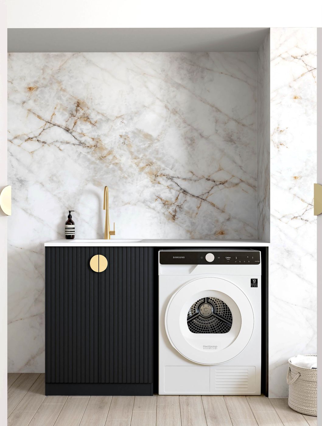 1300x600x900mm Marlo Black Base Laundry Cabinet with Quartz Stone Top and Stainless Steel Sink