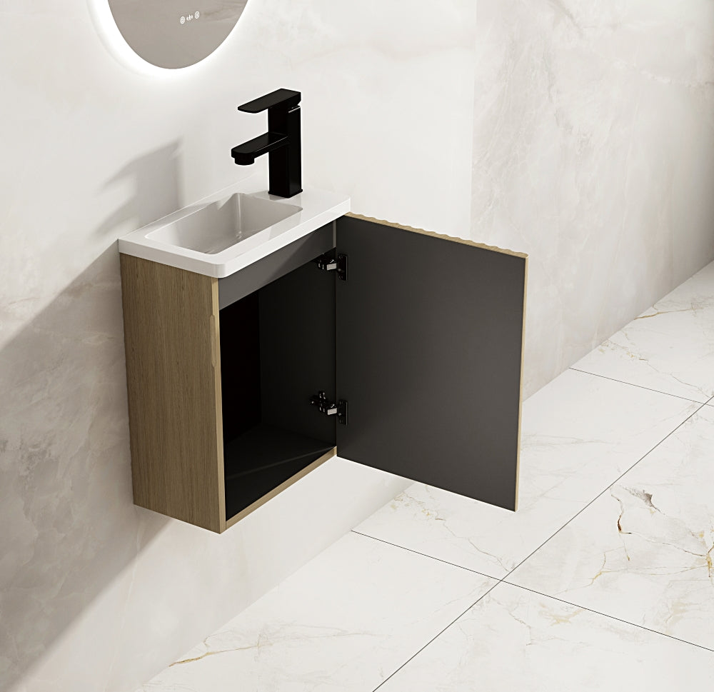 Limited Offer! 400mm Fluted Rhea Mini Wall - Hung Bathroom Vanity in Natural Oak with Gloss White Basin
