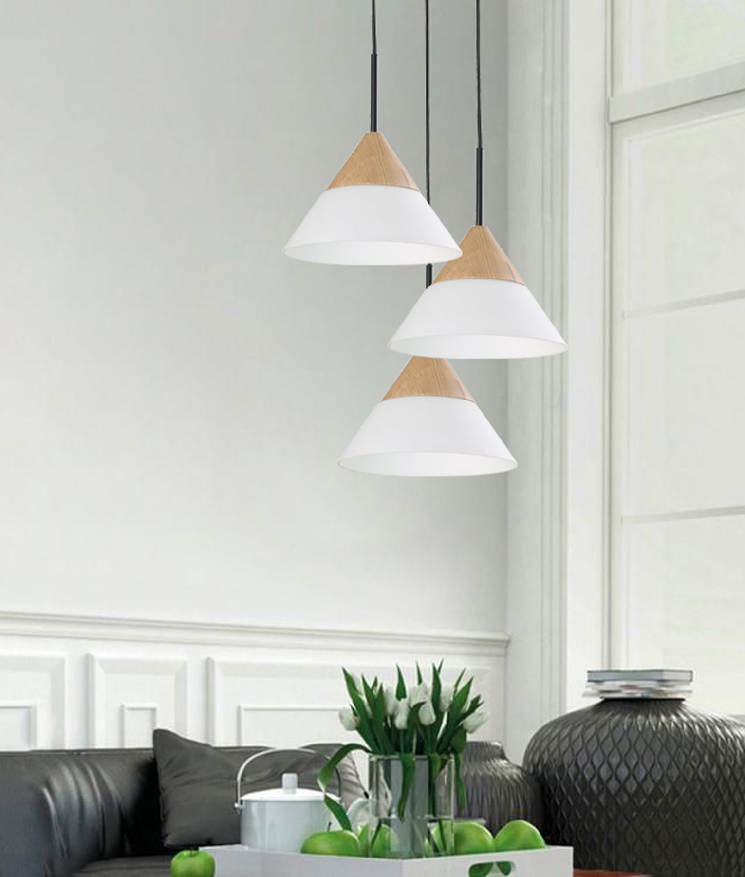 Hot Sale! Scandinavian Style Blonde Wood & Opal Glass Wide Cone Interior Single Pendant Light