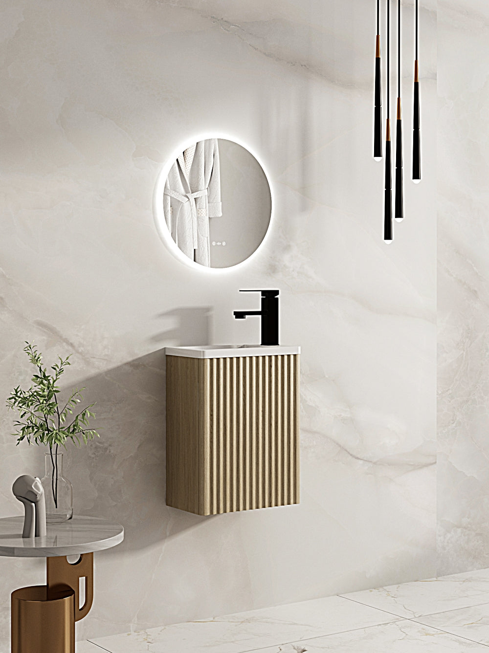 Limited Offer! 400mm Fluted Rhea Mini Wall - Hung Bathroom Vanity in Natural Oak with Gloss White Basin
