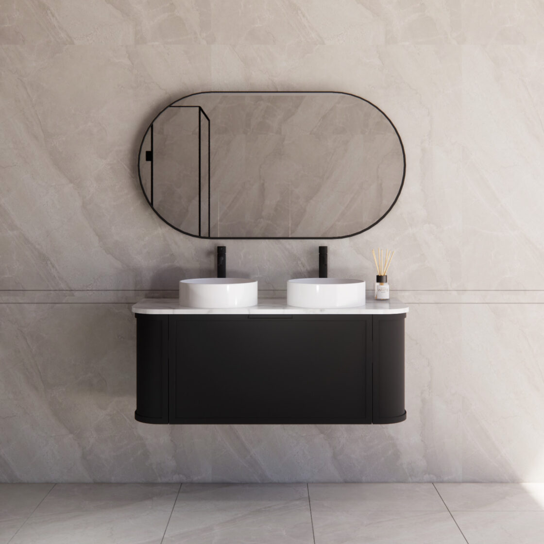 Matte Black ABS Houston Wall Hung Curved Double Bowl Vanity in All Sizes