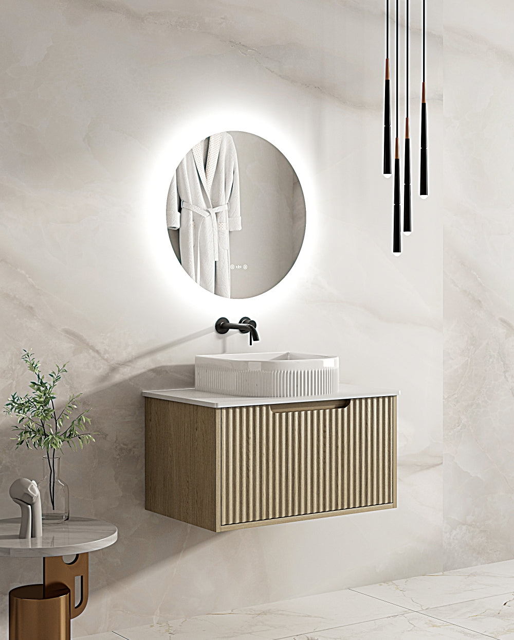 Get Stylish Fluted Rhea Wall-Hung Vanity in Natural Oak (All Sizes)