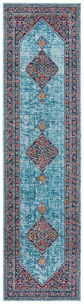 Blue Diamond Pattern Distressed Runner Rug with Eternal Whisper Style