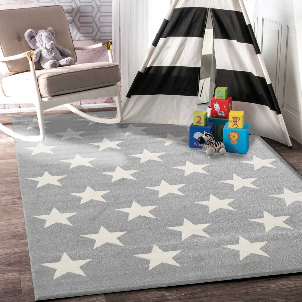 Piccolo Kids Rug in Light Grey and White Stars Design