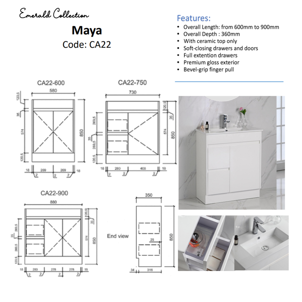 MAYA 600mm Slim Gloss White Free-Standing Bathroom Vanity