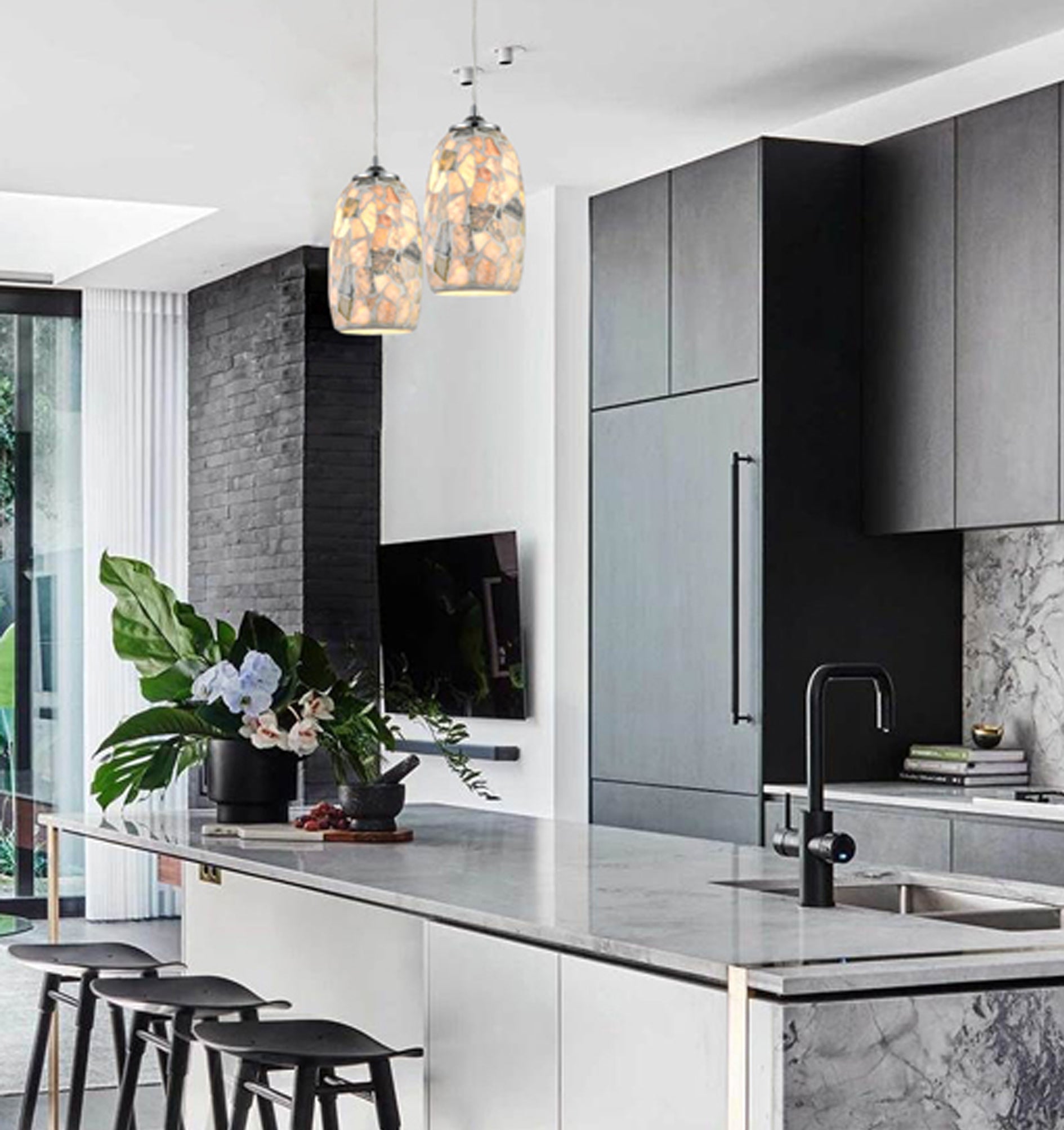 Hand Blown Glass and Stone Mosaic Interior Pendant Lights with GLAZE