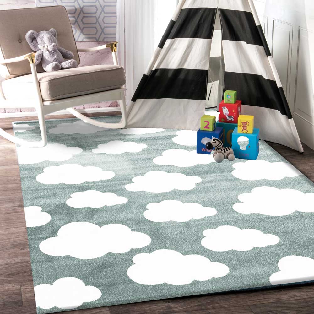Piccolo Aqua White Cloud Washable Kids Comfort Rug for Grand Imagination