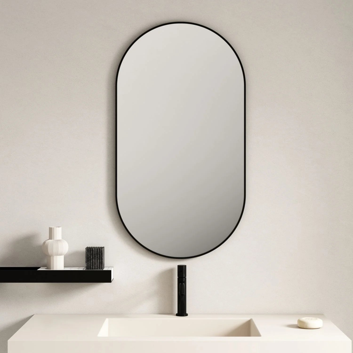 Hot Deal! 900x500mm Matte Black Aluminum Framed Oval Mirror