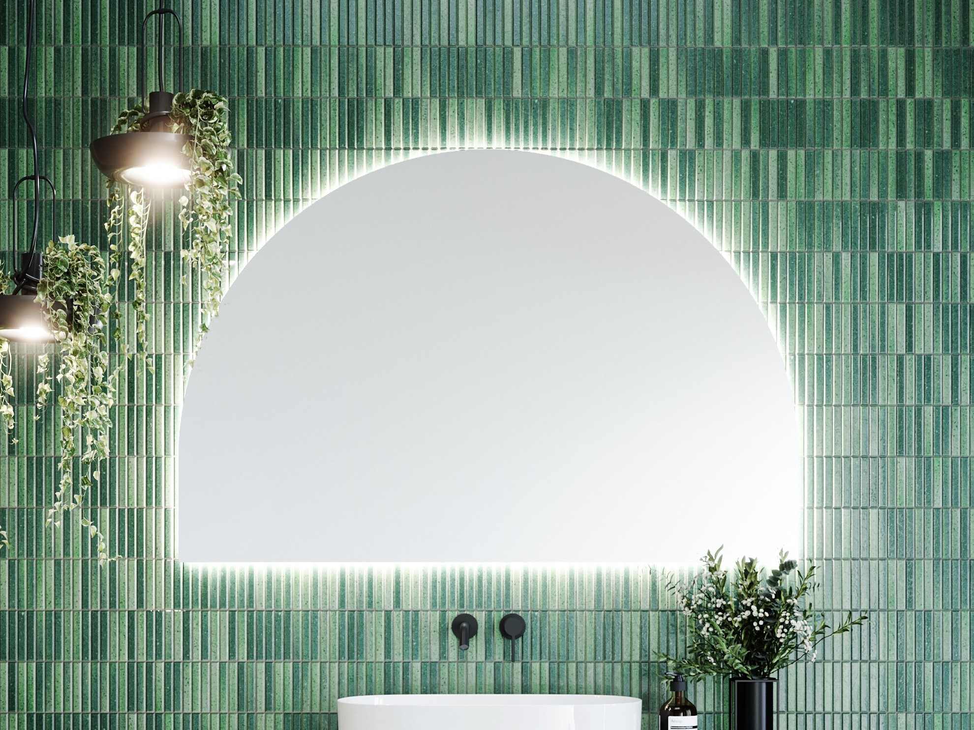 Get This Stunning 1200x800mm Melody Frameless Half-Moon Mirror with Optional Lighting Kit
