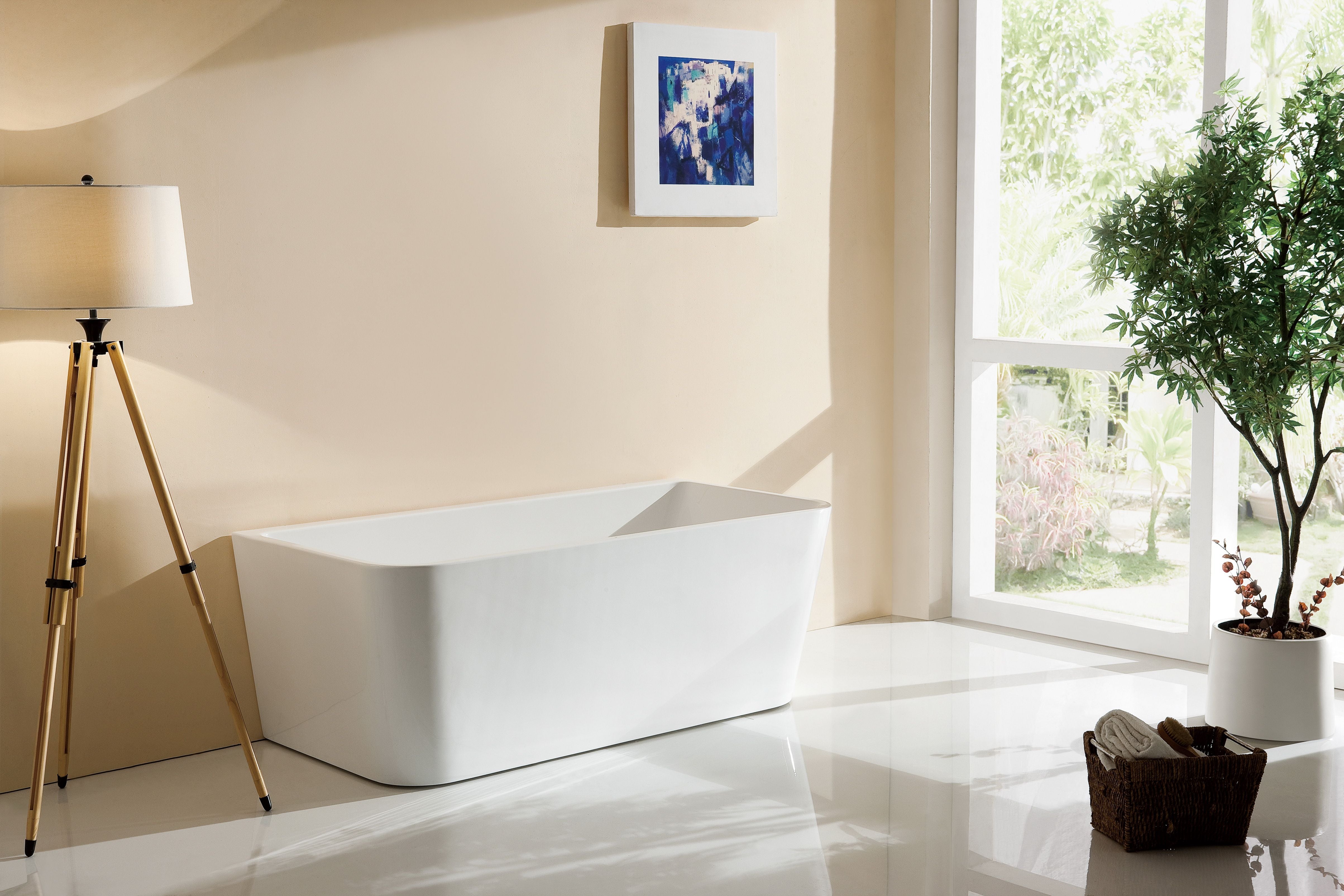 Hot Sale! MANDY Glossy White Back-to-Wall Rectangular Freestanding Bathtub for Comfort