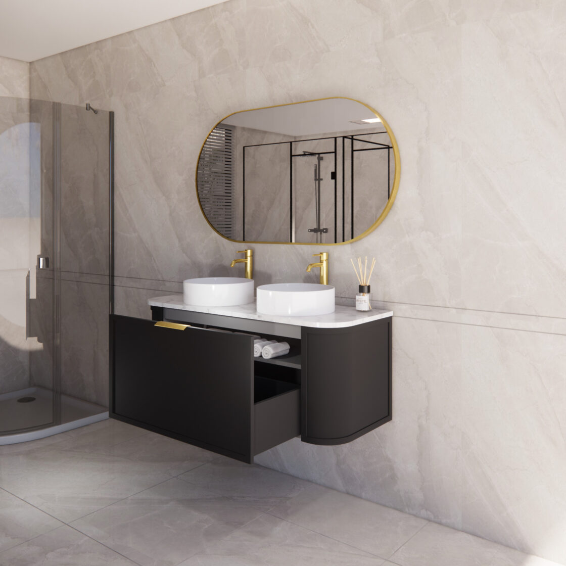 Matte Black ABS Houston Wall Hung Curved Double Bowl Vanity in All Sizes