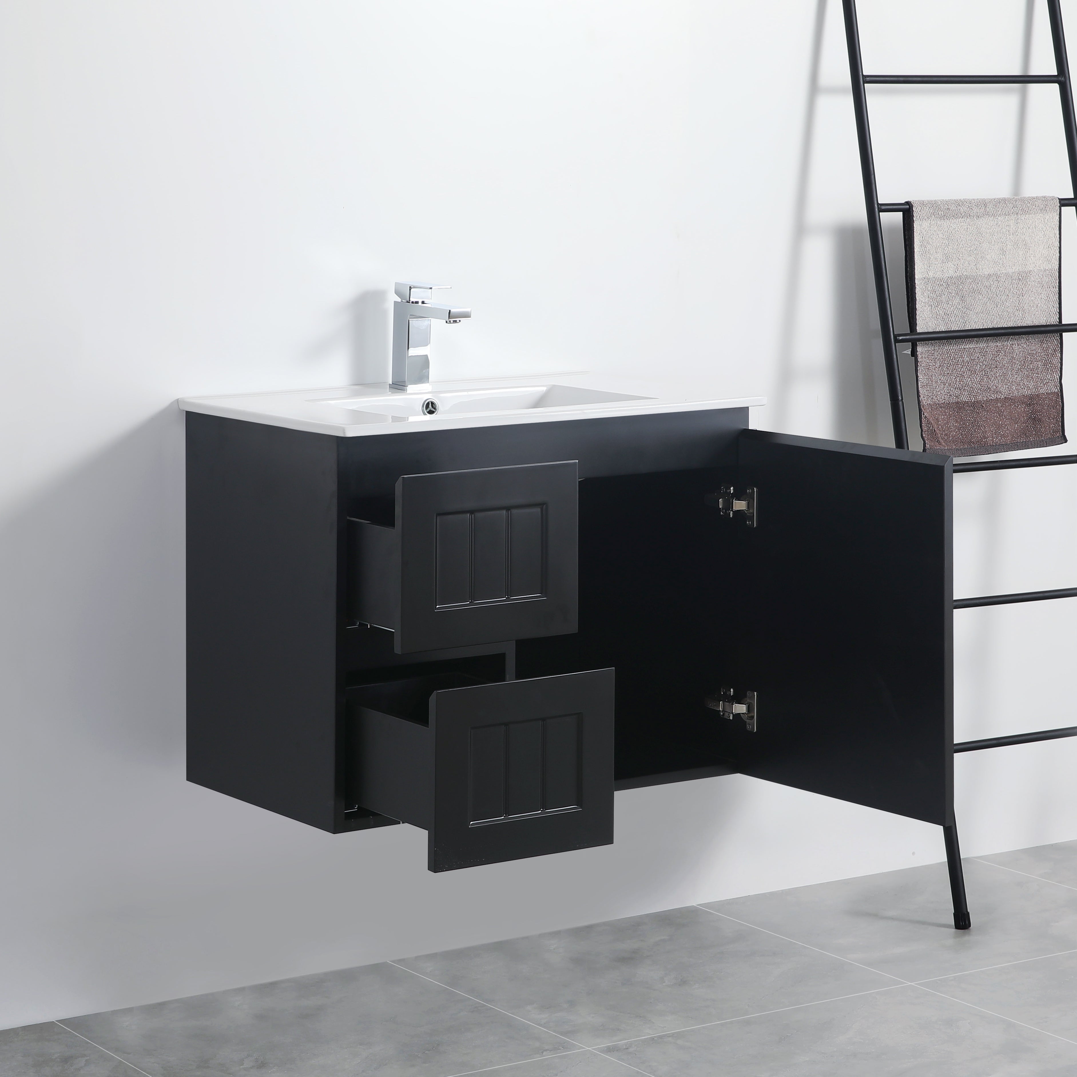 Exclusive ACACIA Shaker Wall-Hung PVC Vanity in Matte Black - 750mm Length