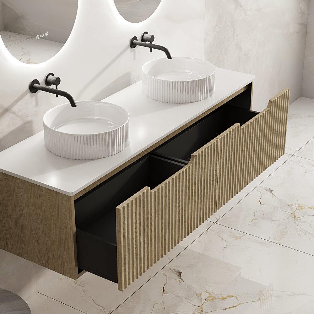 Get Stylish Fluted Rhea Wall-Hung Vanity in Natural Oak (All Sizes)