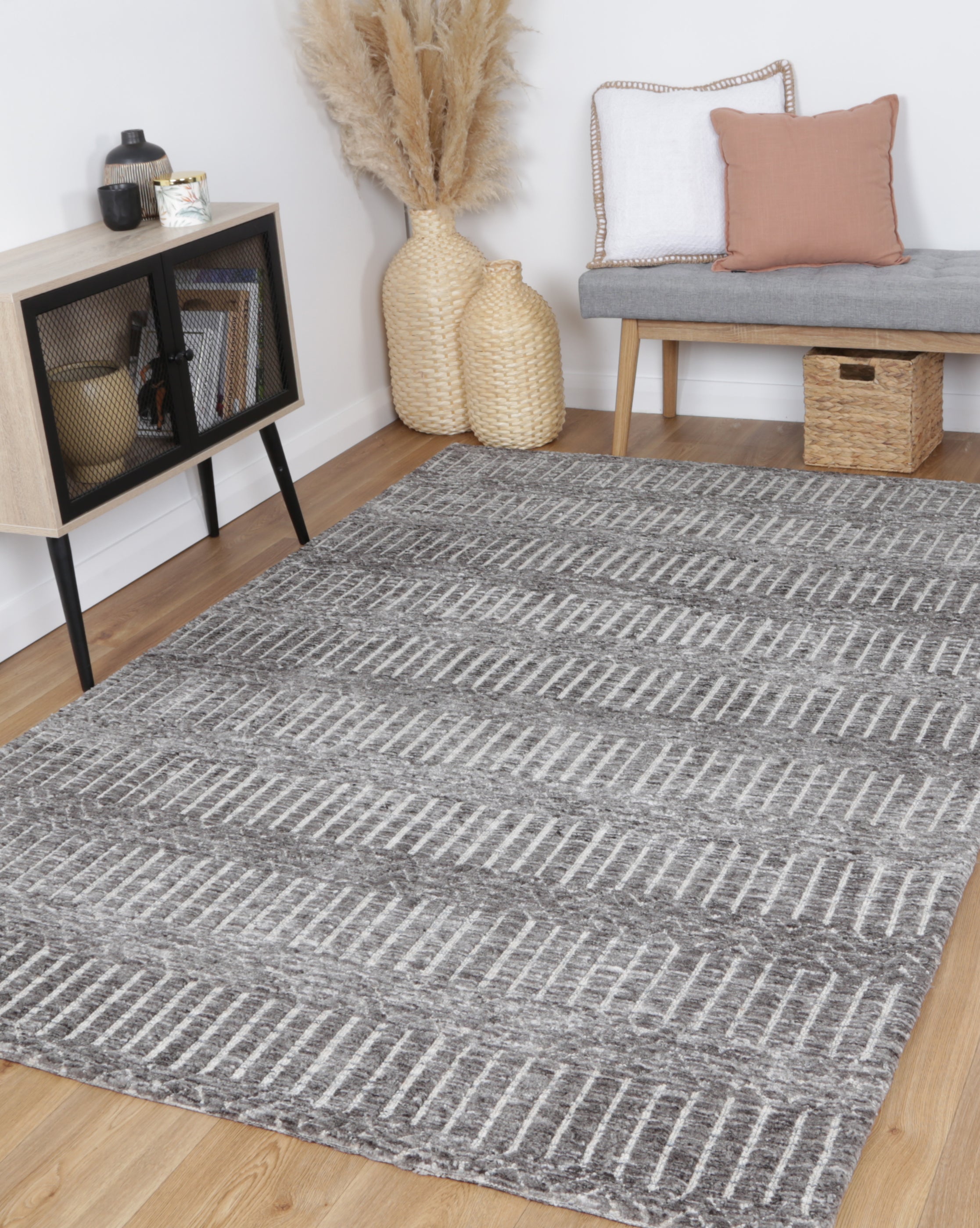 Hot Sale! Ambarsar Attari Charcoal and Beige Cotton - Polyester Blend Floor Rug