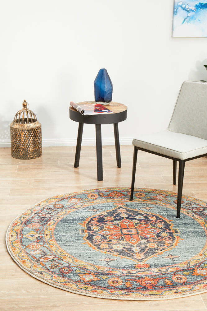 Stylish Legacy 862 Round Rug with Rust and Blue Floral Design
