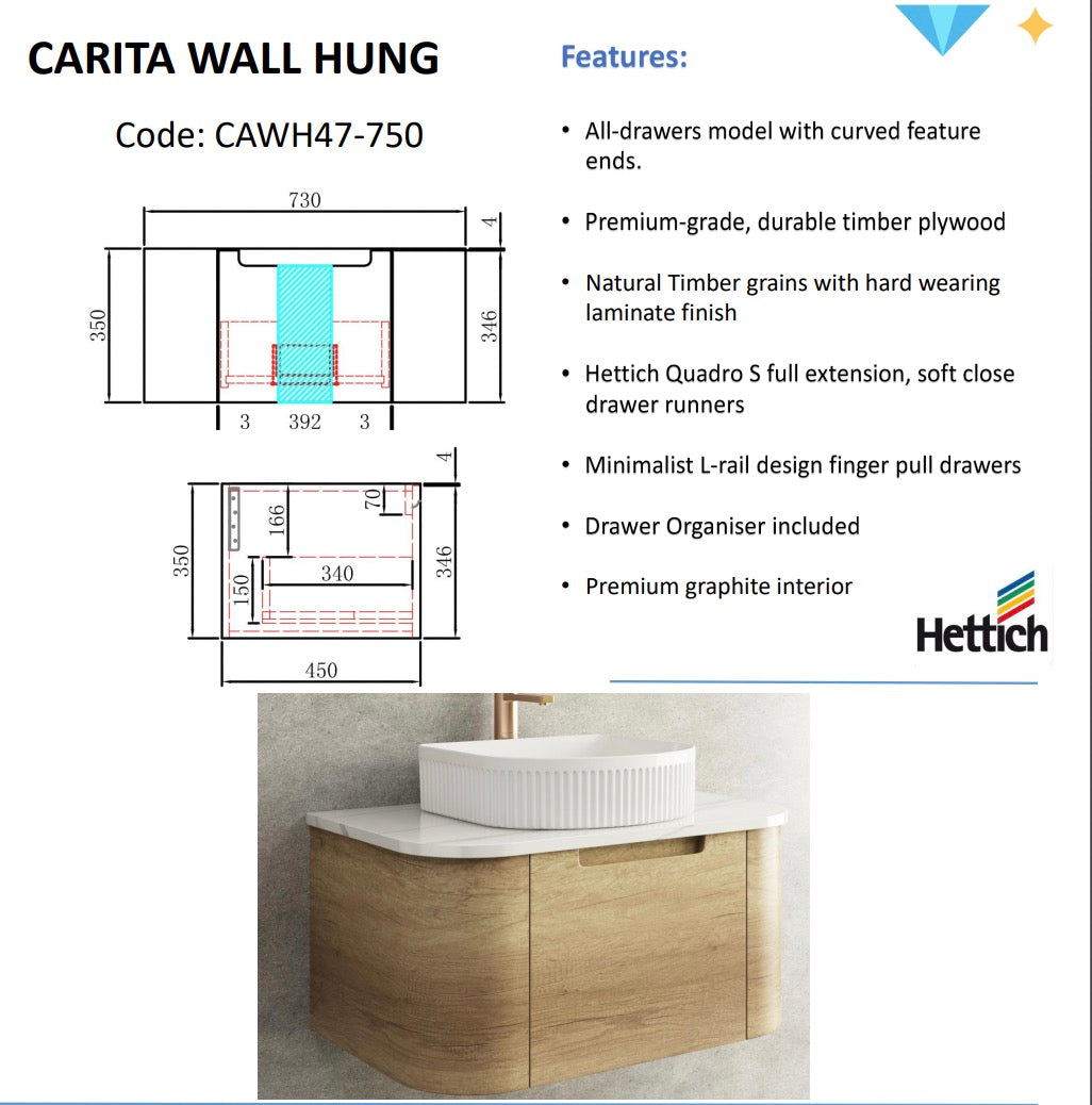 CARITA Natural Oak Wall-Hung Curved Vanity in All Sizes