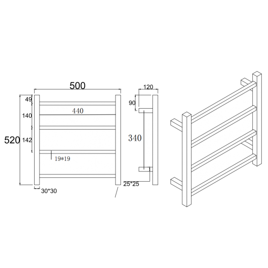 4-Bar Square Electric Heated Towel Rack with Brushed Yellow Gold Finish