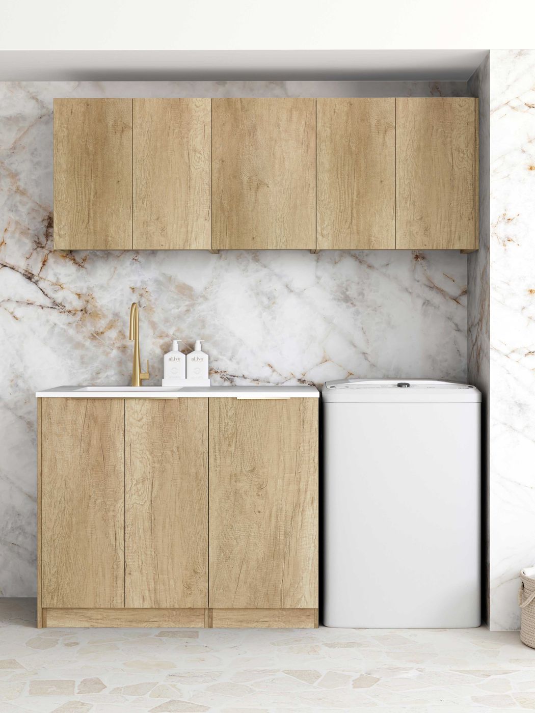 Byron Natural Oak Laundry Cabinet Set with Stone Top - 1715x600x2100mm (Style B), Great Deal!