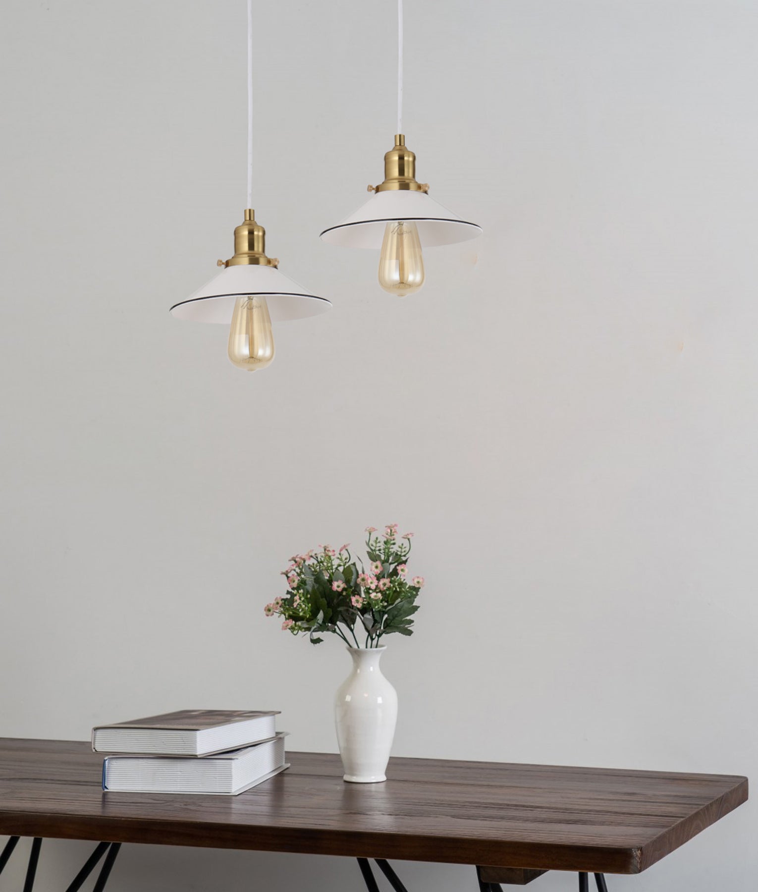 CEREMA: Indoor Small White Coolie Pendant Light with Antique Brass & Black Highlights