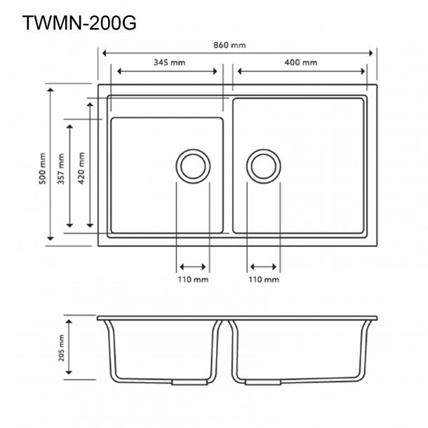 Carysil Vivaldi Double Kitchen Sink - Grey Granite, 860x500mm, German Engineered with Lifetime Warranty