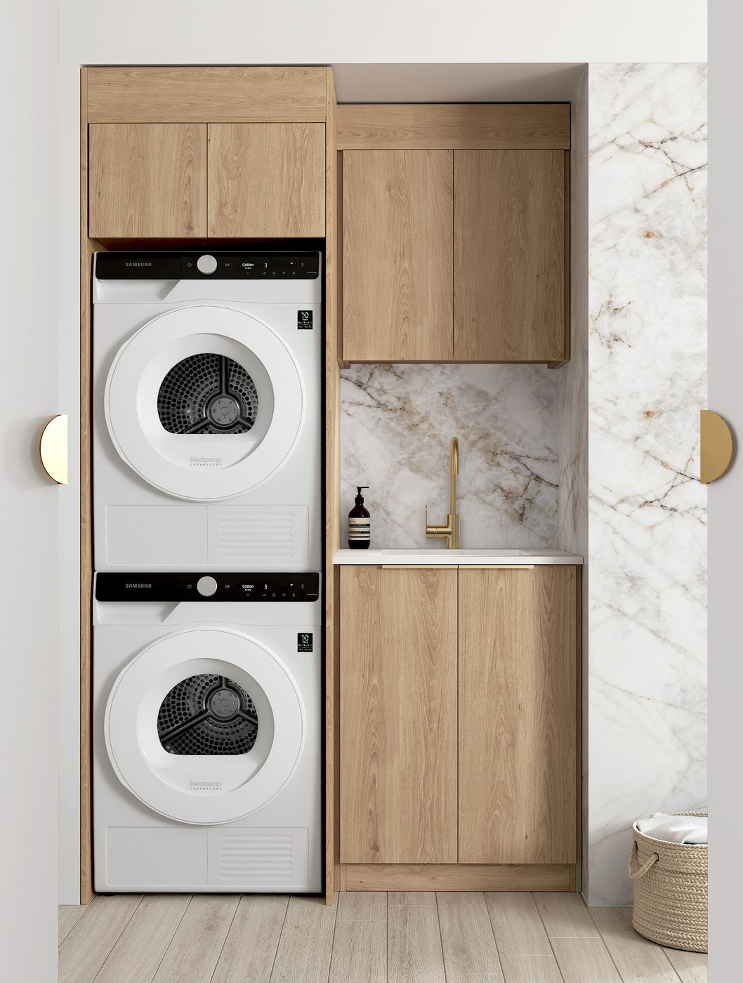 Hot Deal! Byron Natural Oak Style C Laundry Cabinet Set with Stone Top (1305x600x2100mm)