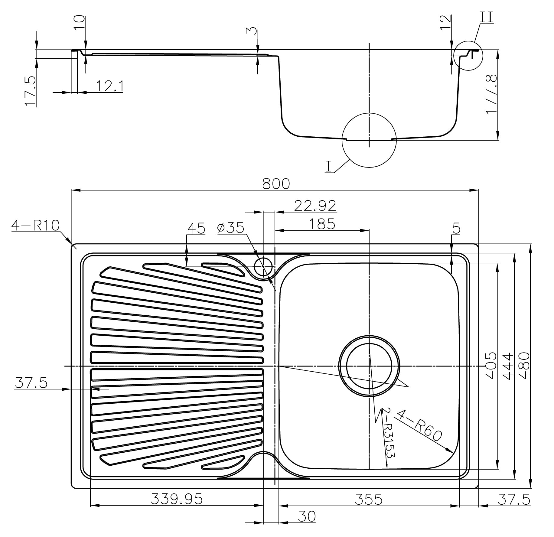 Chrome Otus Single Bowl with Drainer Sink, 800 x 480 x 178mm