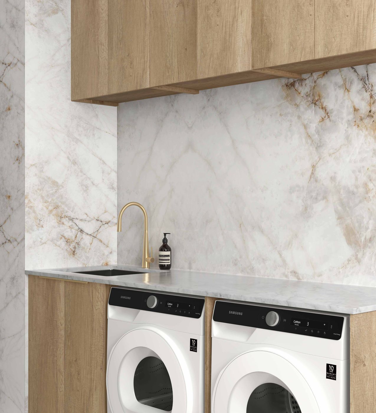 Byron 1960x600x2100mm Natural Oak Laundry Cabinet Set with Stone Top (Style A)