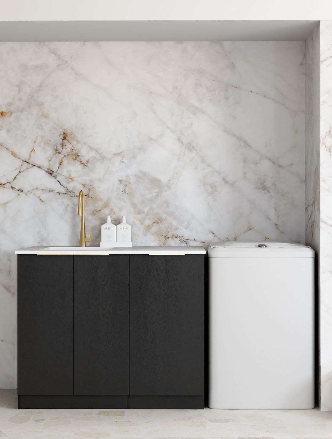 Exclusive Byron Black Oak Laundry Cabinet Set with Stone Top (1060x600x900mm)