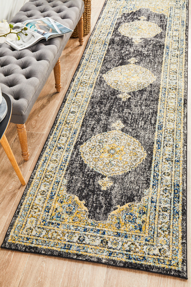 Century 955 Dark Gray Charcoal Runner Rug with Lotus and Palmette Design
