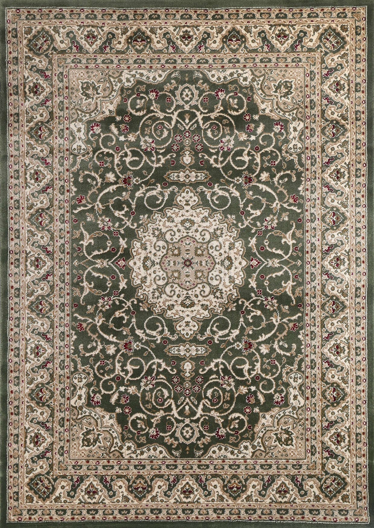 Elegant Green Bordered Rug with Traditional Floral Design