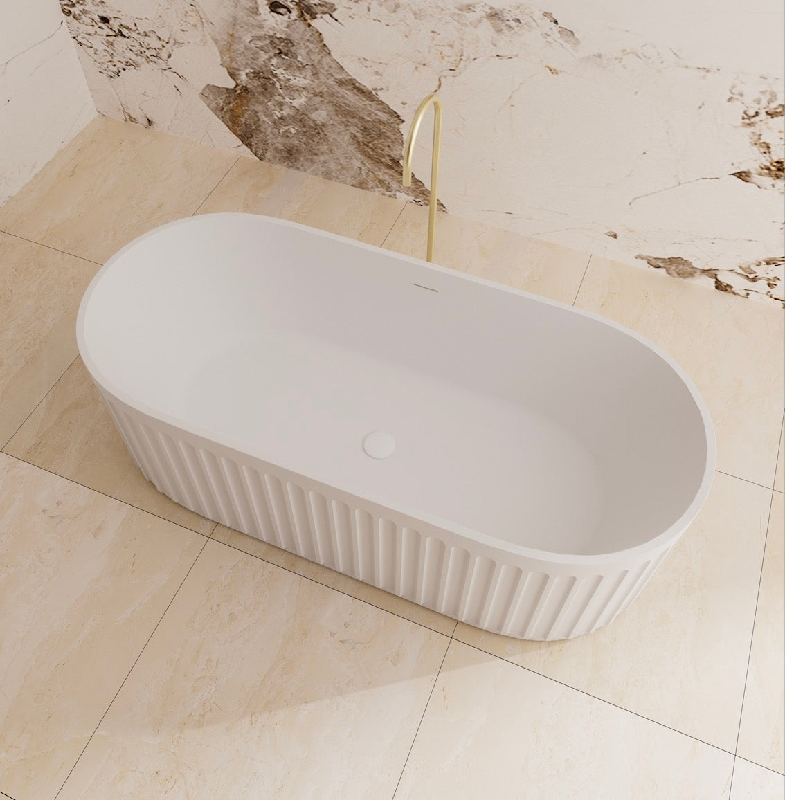 1700mm Oval Solid Surface Stone Bathtub with Overflow in Matte White