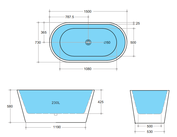 Ovia Freestanding Oval Bathtub - 1500/1700mm, Gloss Black or White