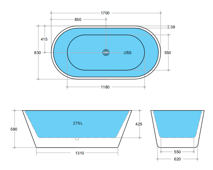 Ovia Gloss White Free Standing Bathtub (1200 - 1700mm) - Great Deal!