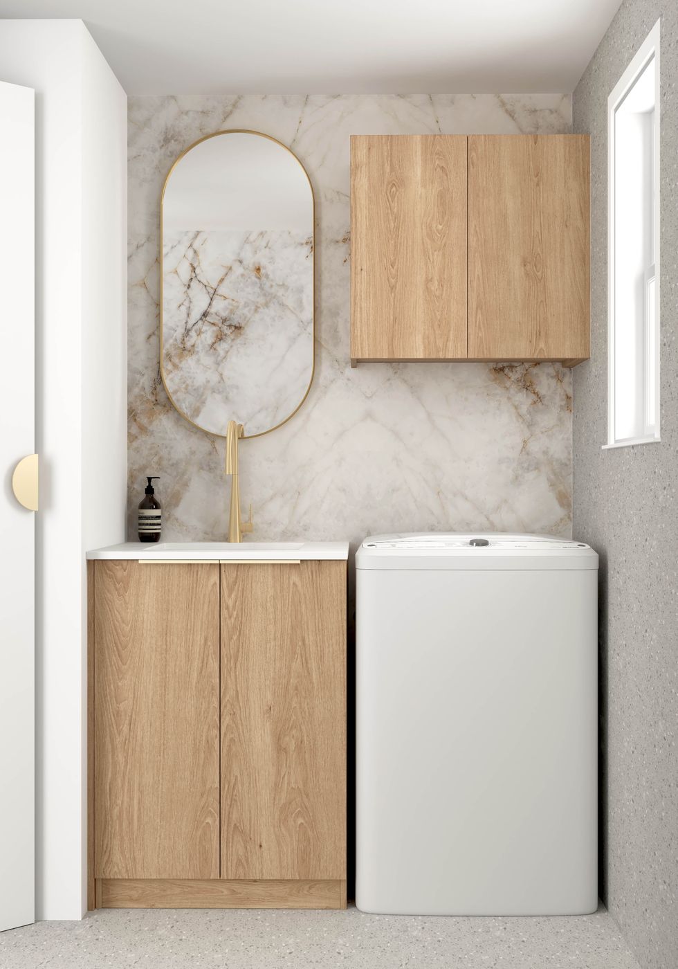 Hot Deal! Byron Mini Natural Oak Laundry Cabinet Set with Stone Top (Style B)
