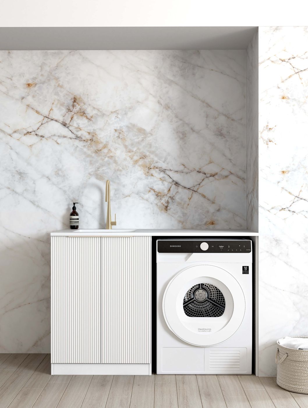 Hot Deal! BURLEIGH 1300x600x900mm White Laundry Cabinet Set with Quartz Stone Top
