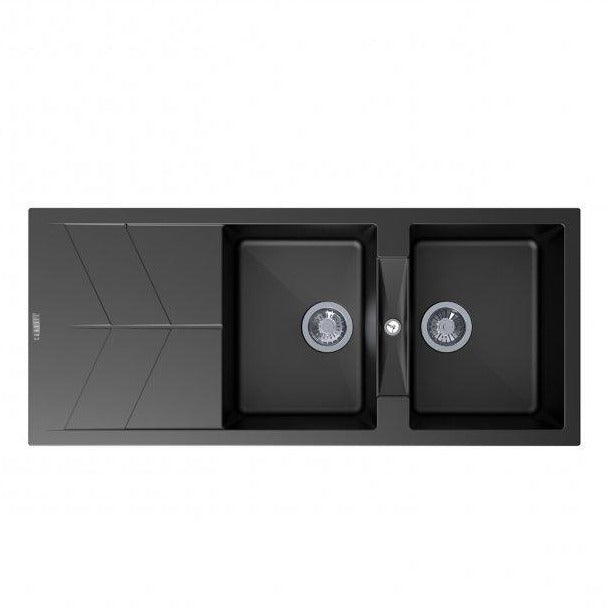 CARYSIL JAZZ Black Granite Double Kitchen Sink with Drainboard - 1160x500mm, Lifetime Warranty!
